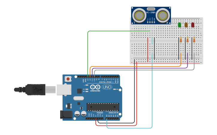 Circuit design Parkometer with 3 LEDs and Ultrasonic Sensor - Tinkercad