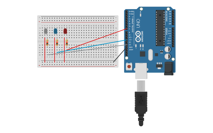 Circuit design 3 LED Blinking | Tinkercad
