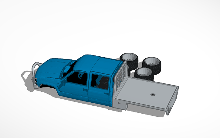3D design 90's Chevy with flatbed, bumper, and custom wheels. - Tinkercad