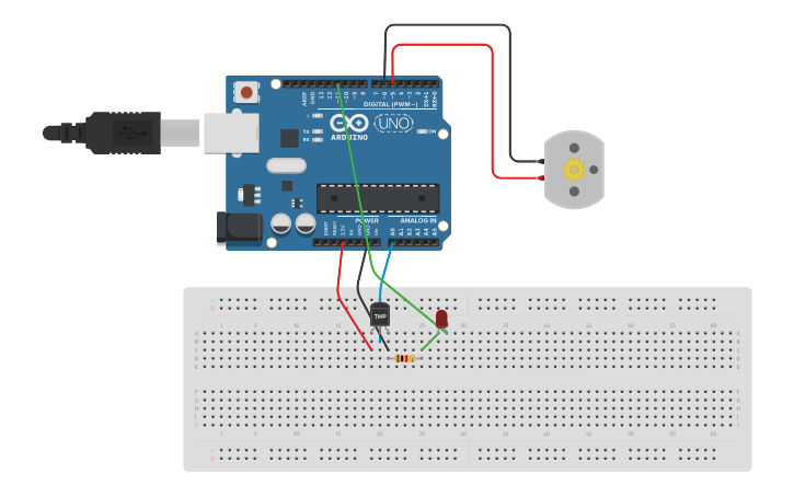 Circuit design Temperature Sensor + Red LED + DC Motor - Tinkercad