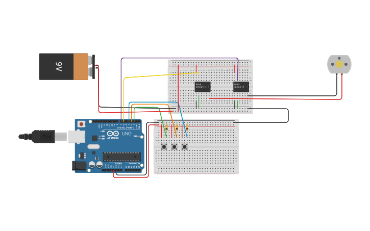 Circuit design DC motor met 2 relais | Tinkercad