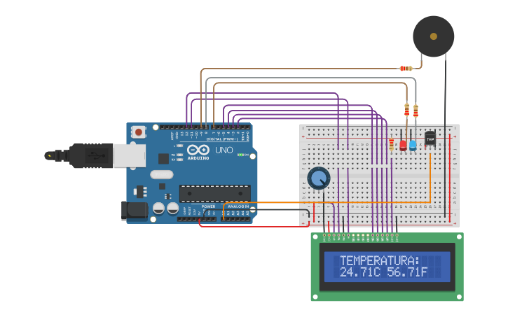 Circuit design Temperature Sensor With LCD, Leds And Buzzer - Tinkercad