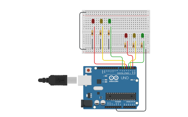 Circuit design 2-Way Traffic Light System using Arduino - Tinkercad