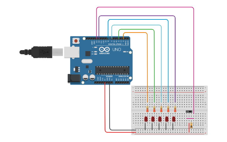 Circuit design Encendido secuencial de 5 LEDS con interruptor pull up ...