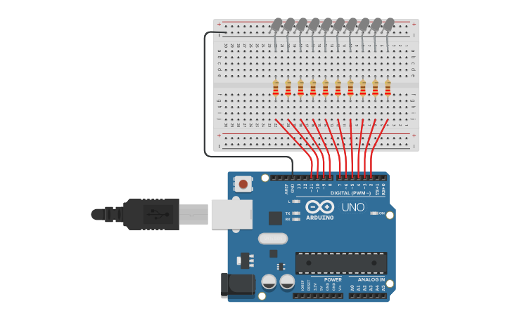 Circuit design Caling 9 LED Patterns using Arduino - Tinkercad