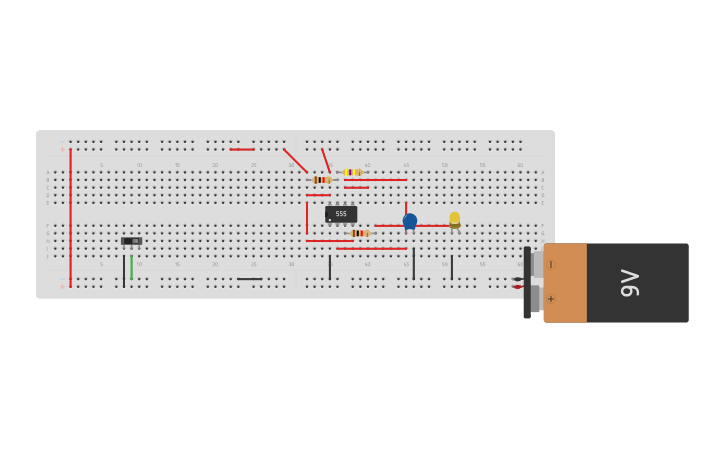 Circuit design Blinking LED using 555 timer by using switch - Tinkercad