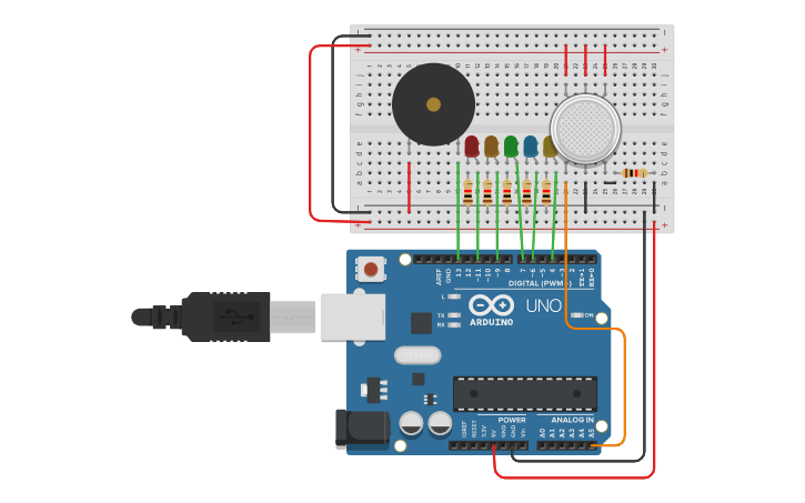 Circuit design Laboratory Gas detector with ARDUINO-TINKERCAD simulator ...