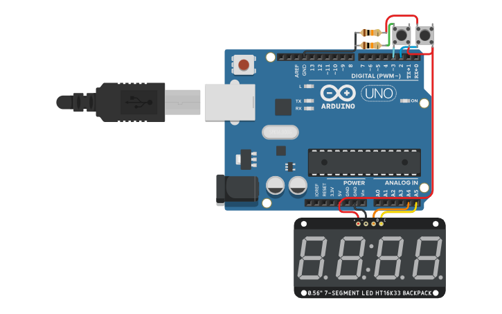 Circuit design counter by press button - Tinkercad