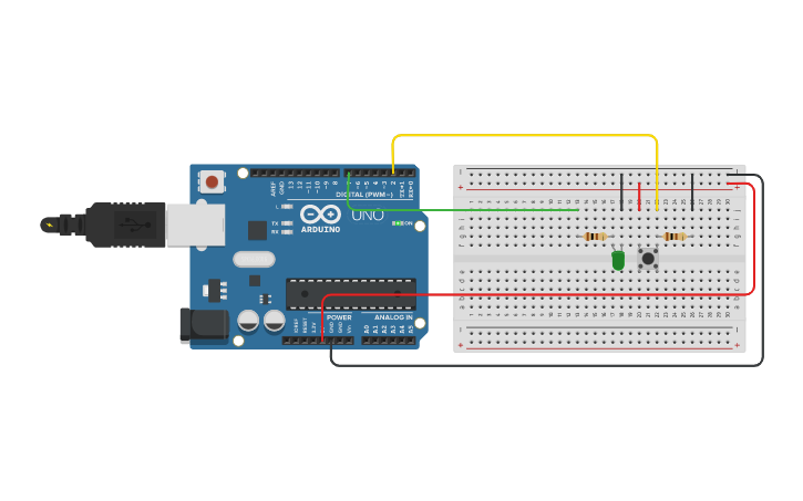 Circuit design Manter LED acesso com clique do Botão | Tinkercad