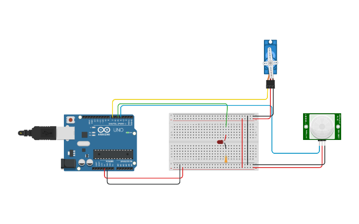 Circuit design Practica 9. PIR - Servomotor | Tinkercad
