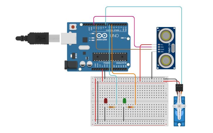 Circuit design Sensor Ultrasonido, Servomotor y Dos Led - Tinkercad