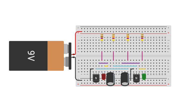 Circuit design Flashing LED Two Transistor Circuit - Tinkercad