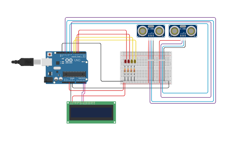 Circuit design how to connect 4 leds, 2 ultrasound and lcd screen to ...
