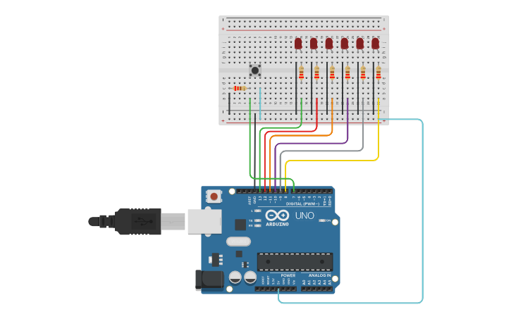Circuit design Facundo Robirosa luces con pull down | Tinkercad