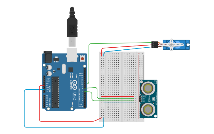 Circuit design Sensor Ultrassônico e Servo motor - Tinkercad