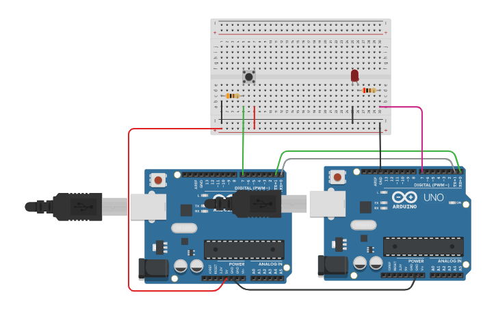 Circuit design 10[3] Push Button and LED using 2 Arduinos - Tinkercad