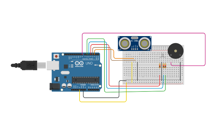 Circuit design Sensor Ultrasonido con led y motor - Tinkercad
