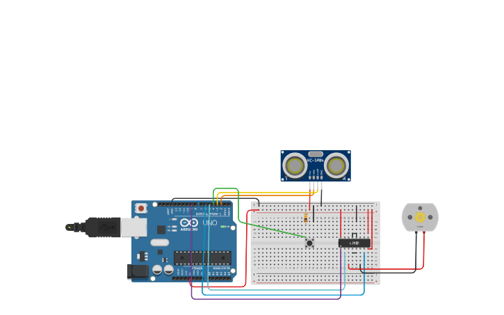 Circuit design ultrasonic sensor and dc motor - Tinkercad