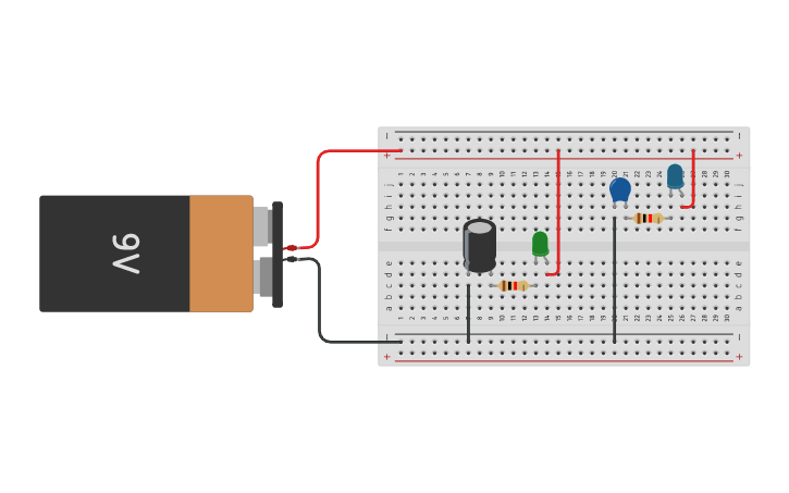 Circuit design Circuito 2 Condensadores y un Led | Tinkercad