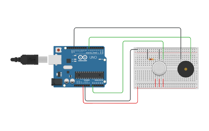 Circuit design gas sensor using buzzer and arduino uno - Tinkercad