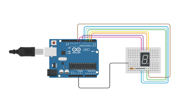 Circuit design Arduino 7 segments display (common Cathode) - Tinkercad