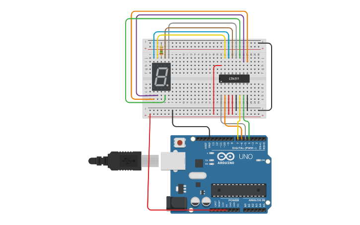 Circuit design Projeto 57 - Display 7 segmentos com CD4511 - Tinkercad