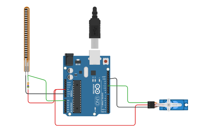 Circuit design Flex Sensor to Servo | Tinkercad