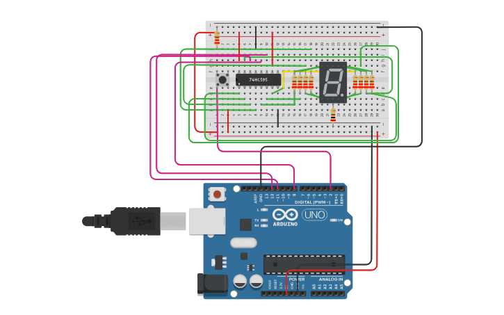 Circuit design rolling dice 7 SEGMENT with 74HC595 ARDUINO - Tinkercad