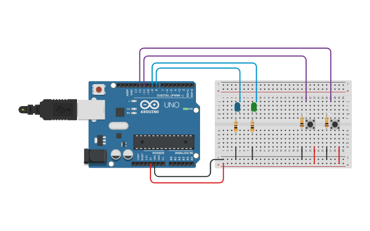 Circuit design 2 Botões, 2 LED`s | Tinkercad