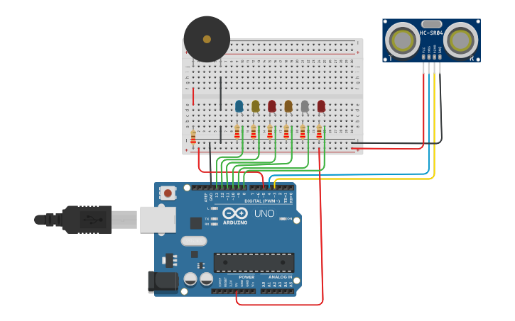 Circuit design Sensor Ultrasónico | Tinkercad