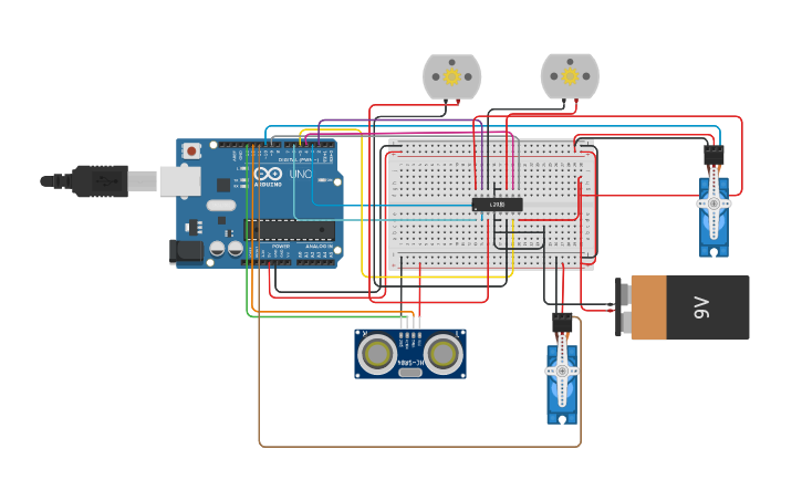 Circuit design Ultrasonic with 2 DC motors - Tinkercad