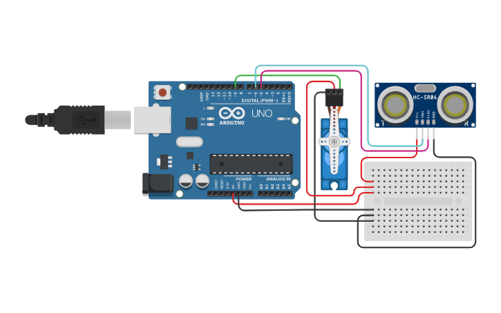 Circuit design Control Servo Using Ultrasonic Sensor - Tinkercad