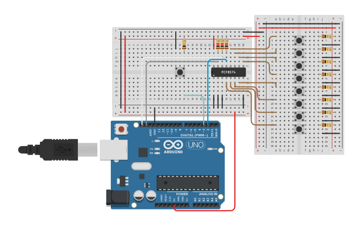 Circuit design Arduino PCF8574 Interruption - Tinkercad