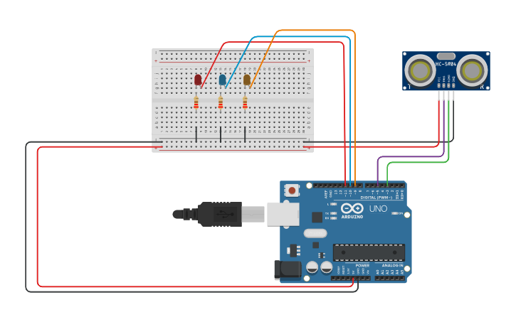 Circuit design sensor ultrasonidos con leds - Tinkercad