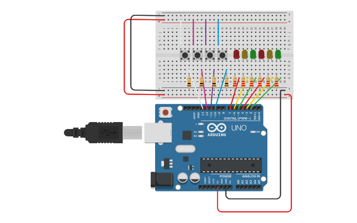 Circuit design leonardo's semaforo em sequencia com botao - Tinkercad