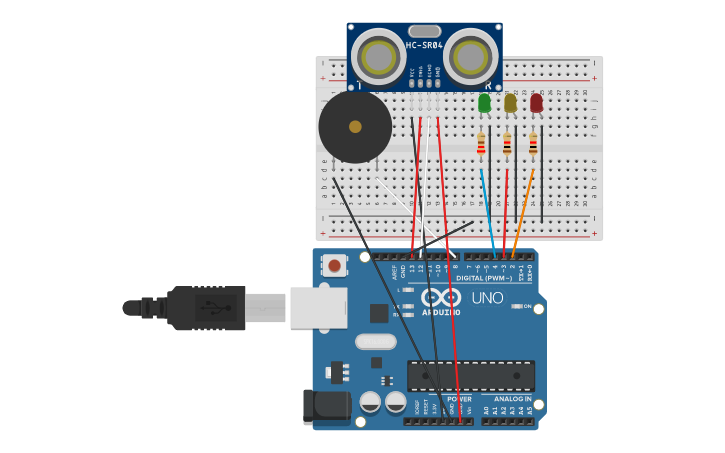 Circuit design Ultrasonic Sensor w/ LED and Buzzer | Tinkercad