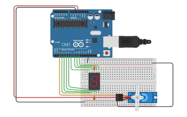 Circuit design roxas servo motor with seven segments | Tinkercad