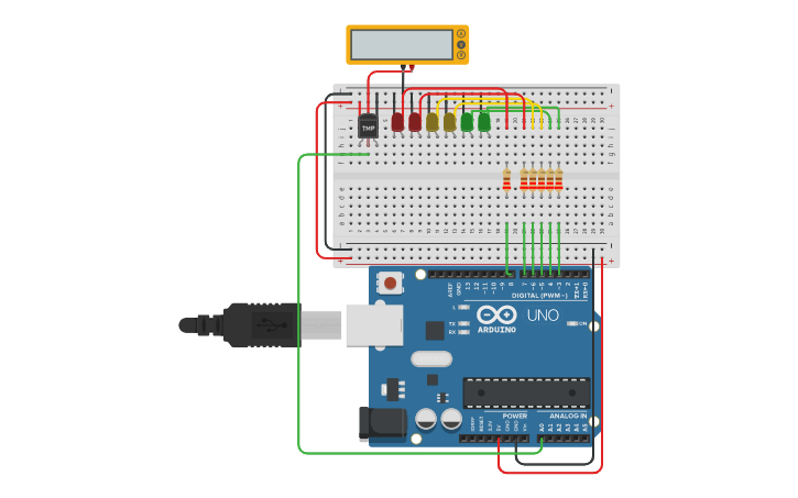 Circuit design TMP CON LEDS SENSOR DE TEMPERATURA JOSE DAVID | Tinkercad