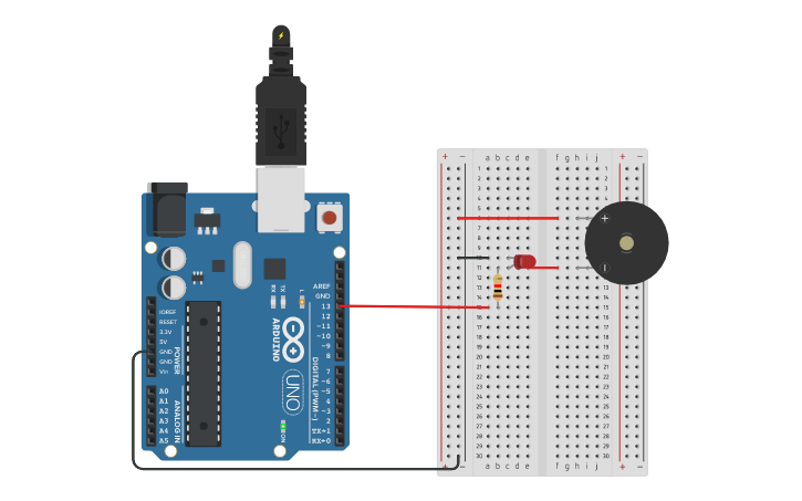Circuit design Arduino board – Blinking LED with Piezo Buzzer - Tinkercad