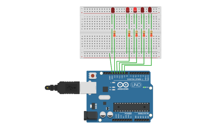 Circuit design Secuencia de 5 leds - Tinkercad