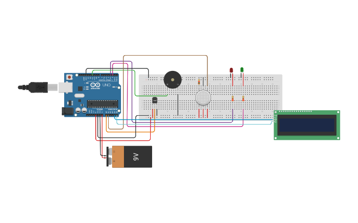 Circuit design Fire Alarm System (MQ & TEMP) - Tinkercad