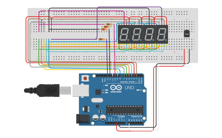 Circuit design Temperature Sensor on 4-digit, 7-segment Display - Tinkercad