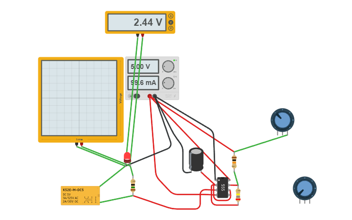 Circuit design 555 timer on/off pulsed led/relay - Tinkercad