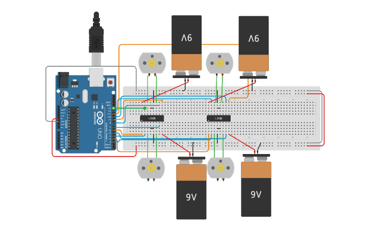 Circuit design 4 Motors 2 l293d - Tinkercad