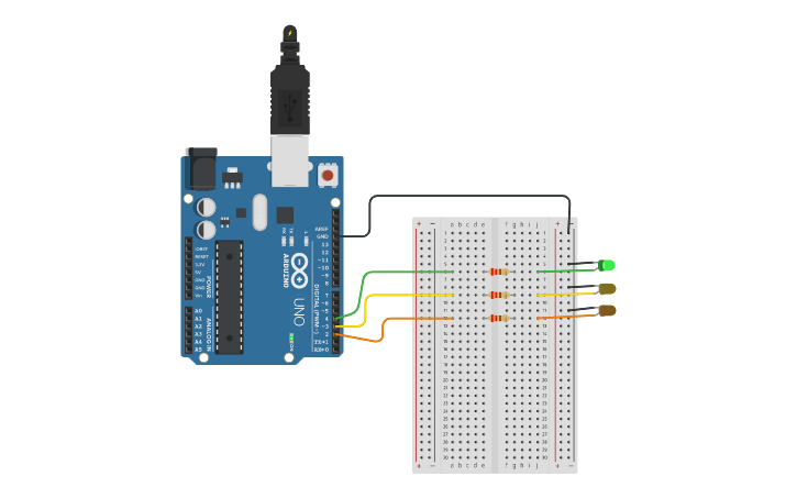 Circuit design arduino traffic light - Tinkercad image.