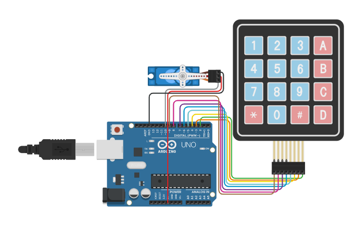 Circuit design servo con teclado 4x4 - Tinkercad