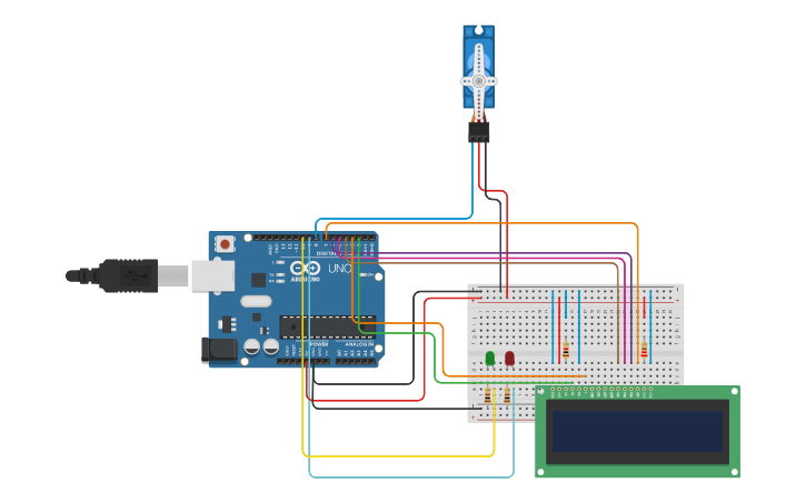 Circuit design Arduino multiple loop led and Servo - Tinkercad