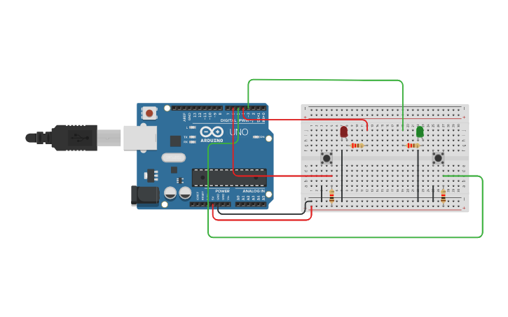 Circuit design luces leds y pulsadores | Tinkercad