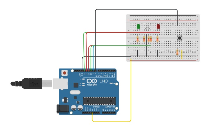 Circuit design Led RGB y leds normales con botón - Tinkercad