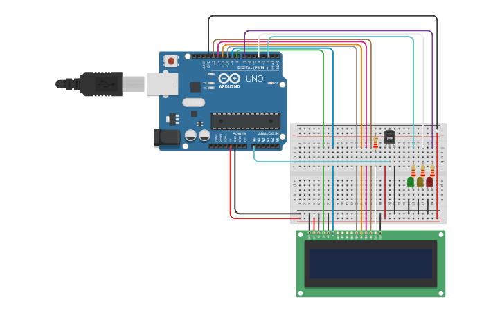 Circuit design RETO 3: SENSOR DE TEMPERATURA CON PANTALLA LCD y LEDs ...